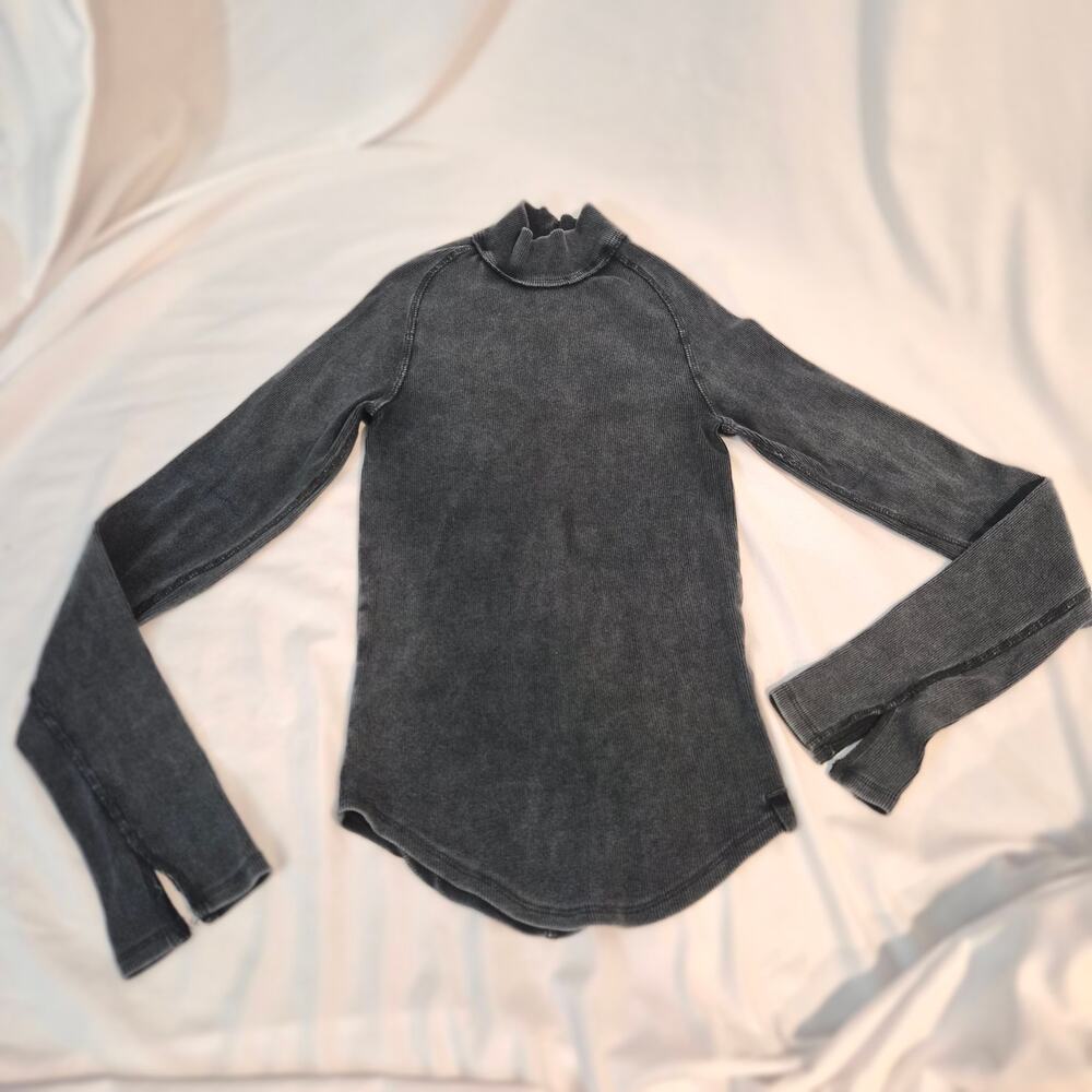 Free People We The Free Black Thermal Ribbed Mock Neck Top XS Whimsigoth Grunge